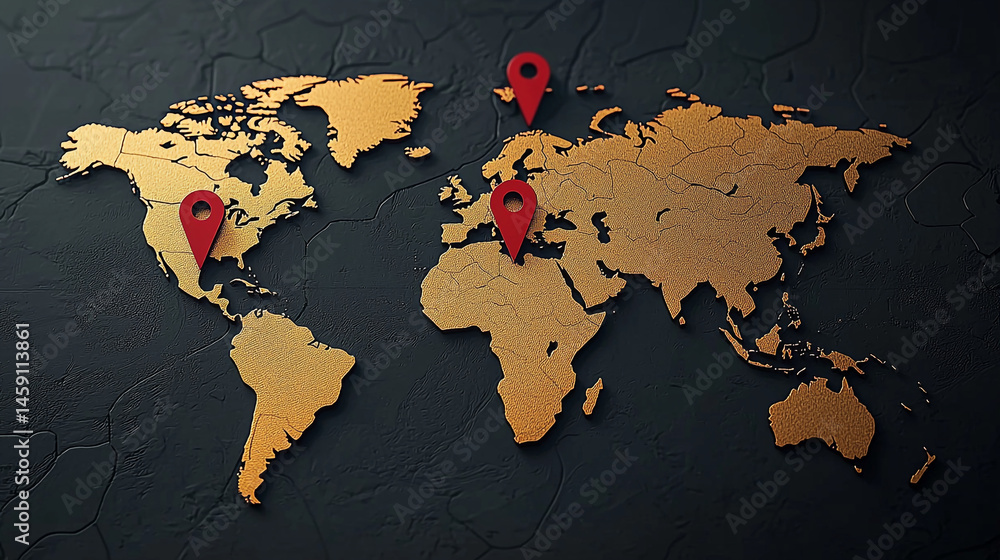 Poster a golden world map on a dark background with three red location pins marking different continents