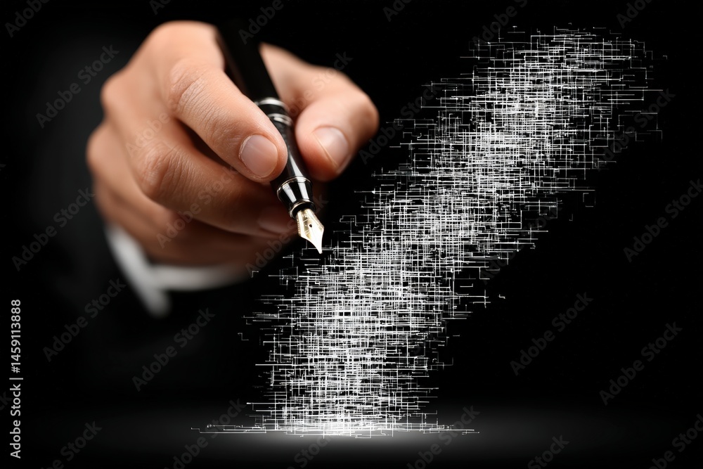 Poster a hand writing with a pen, creating a digital effect of text.