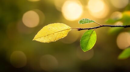 A single branch with two leaves, one yellow and one green, illuminated by soft sunlight, bokeh background. : Generative AI