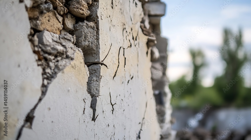 Fototapete close-up view of a weathered, crumbling wall, showing cracked white plaster and exposed stonework. t