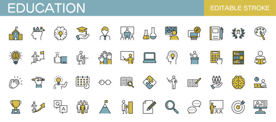 Colored education icon set. Vector illustration. Editable stroke.