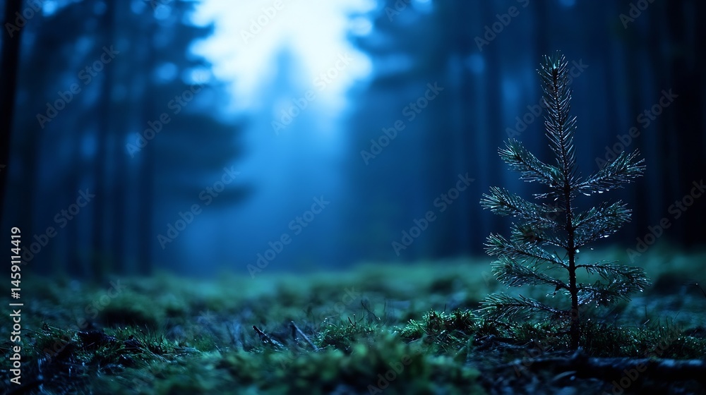 Poster a lone, young pine sapling stands in a dark, mysterious forest at twilight, its needles glistening w