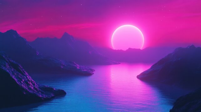 Synthwave landscape with glowing sun or moon