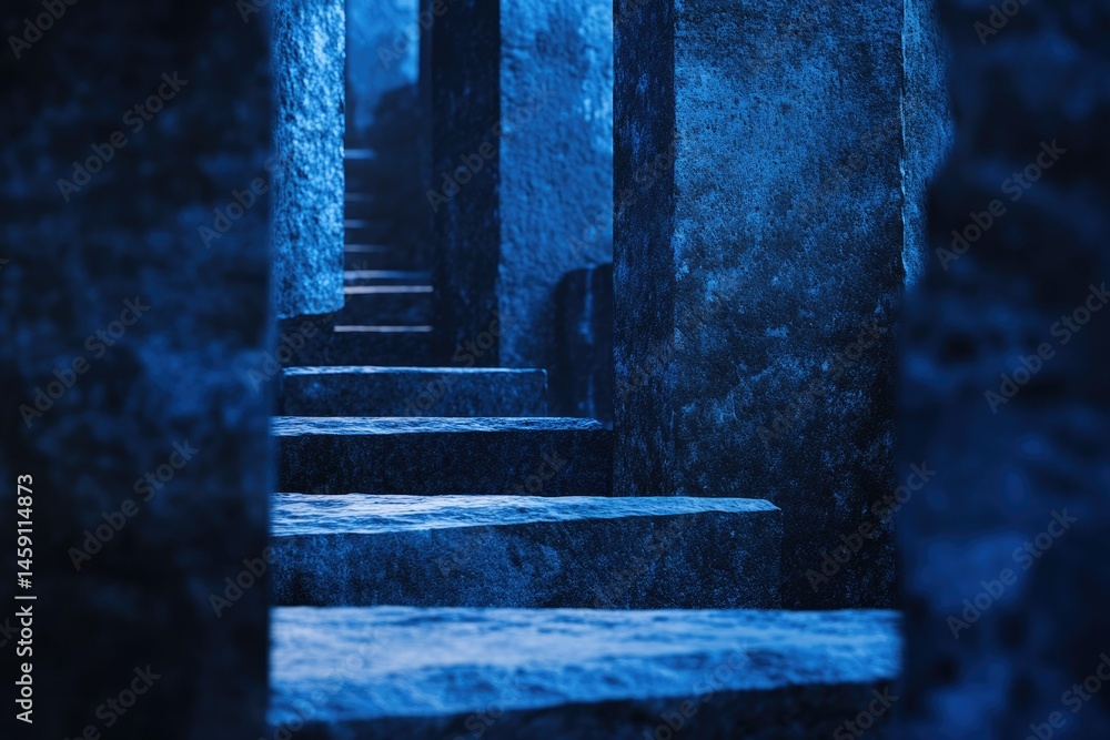 Poster a mesmerizing blue-toned image of stone steps and walls, creating a mysterious and abstract atmosphe