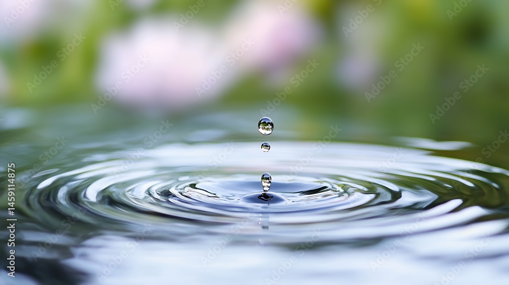 Poster water droplet impacting still surface, creating concentric ripples; blurred green and pink backgroun