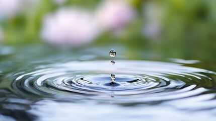 Water droplet impacting still surface, creating concentric ripples; blurred green and pink background suggests tranquil nature scene. : Generative AI