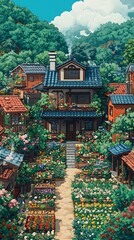 Obraz premium Picturesque Village Retreat: An inviting digital illustration of a charming village scene, with a beautiful house at the heart, flourishing with vibrant flora, where peace and beauty thrive.