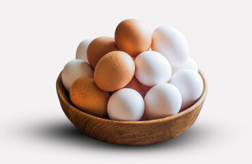 Mixed Brown and White Eggs in Wooden Bowl