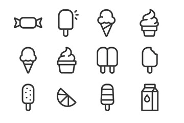 Vector illustration icon collection featuring various ice cream treats and desserts in a minimalistic design style