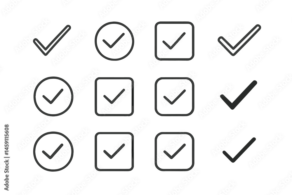 Poster various check mark vector icons arranged in a grid pattern, ideal for use in digital design and user