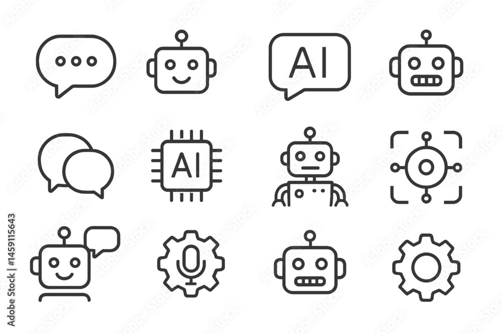 Aufkleber vector illustration icon set featuring diverse artificial intelligence elements in a creative layout