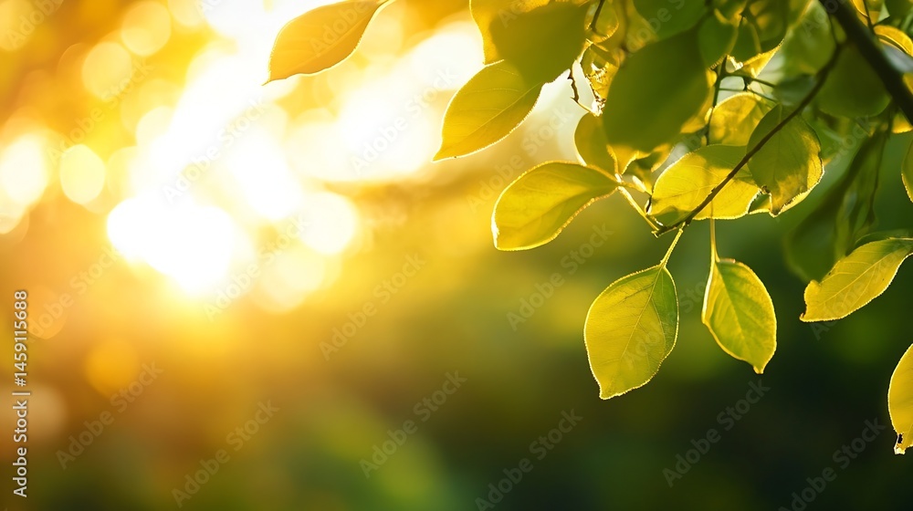 Poster golden sunlight illuminates vibrant green leaves on a branch, creating a serene and peaceful nature 