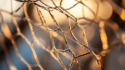 Close-up view of a wire mesh fence at sunset, illuminated by warm golden light, creating a textured abstract pattern. : Generative AI