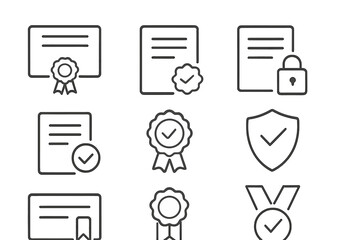 Collection of vector illustrations showing award certificates, seals, and secure documents in a minimalistic style