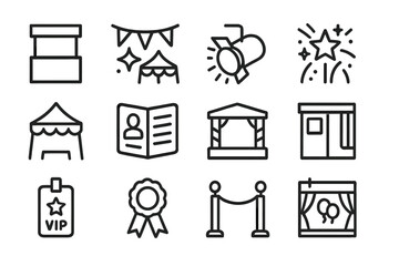 Vector illustration of festival icons including tents, lighting, and VIP access symbols suitable for event planning and promotions