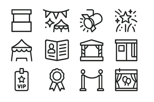 Vector illustration of festival icons including tents, lighting, and VIP access symbols suitable for event planning and promotions
