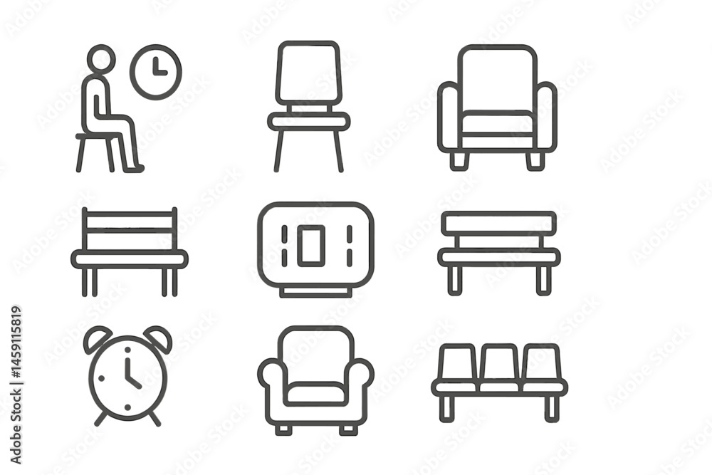Poster vector illustration of various seating options and time-related elements showcasing different seatin