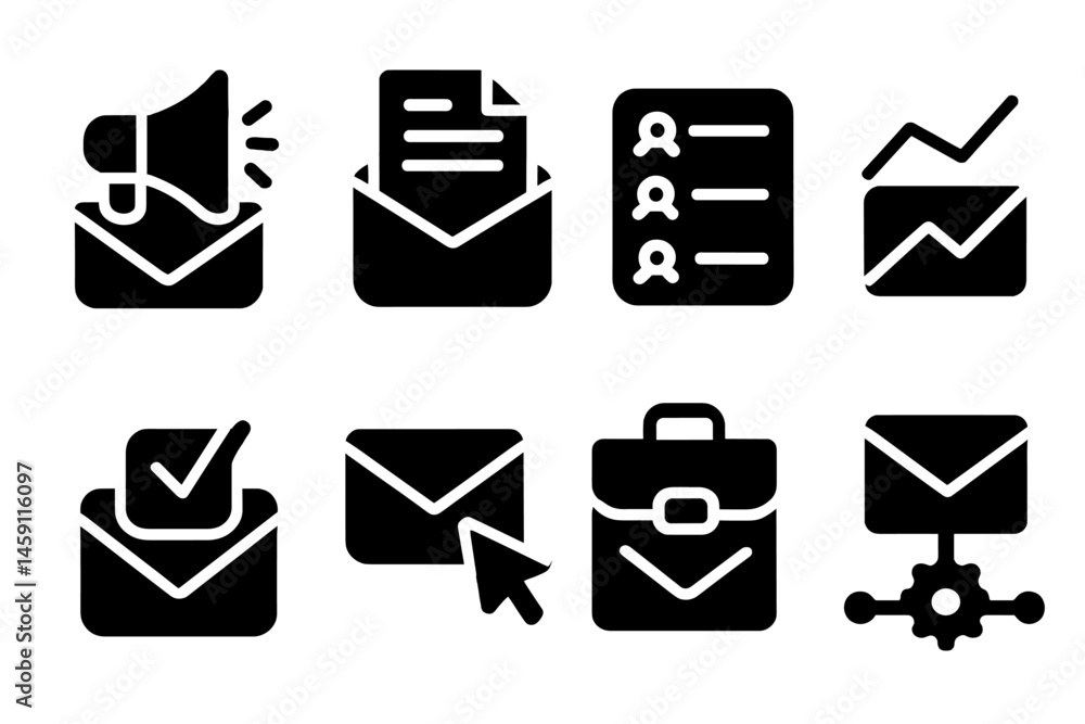 Poster collection of vector illustration icons representing various digital communication and business acti