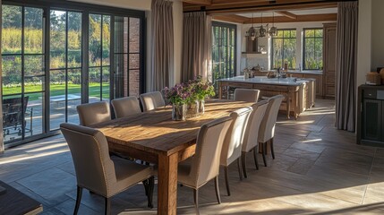 Obraz premium Reclaimed wood dining table surrounded by mismatched modern and classic chairs