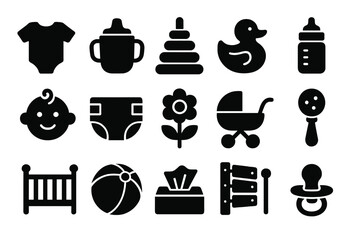 Vector illustration icons of baby-related items including clothing, toys, and accessories suitable for childcare themes