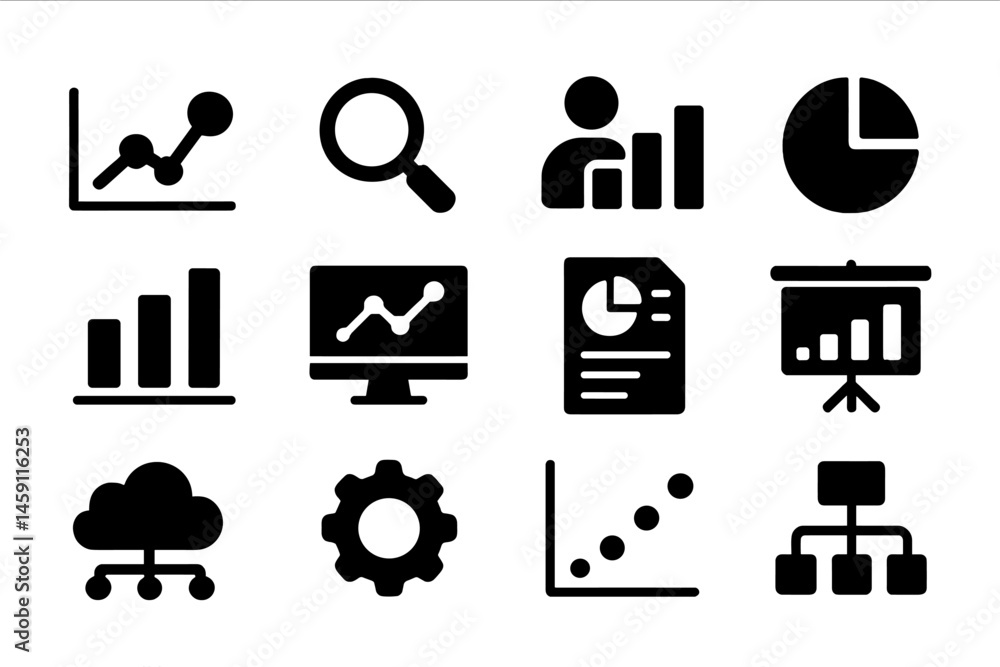 Poster vector illustration icons representing data analytics, charts, and business metrics in a modern desi