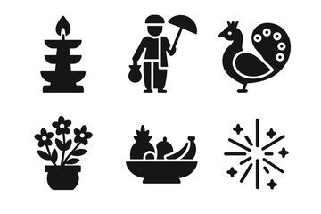 Vector illustration icon collection featuring a candle, a peacock, a person with an umbrella, a fruit bowl, a flower pot, and fireworks