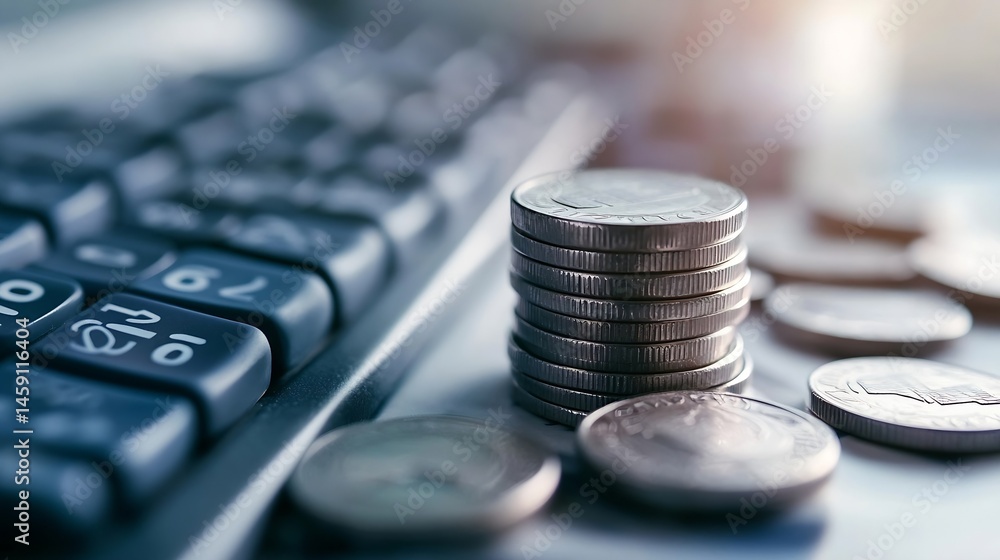 Poster Close-up of a stack of silver coins resting on a calculator, suggesting financial calculations and monetary concepts. : Generative AI