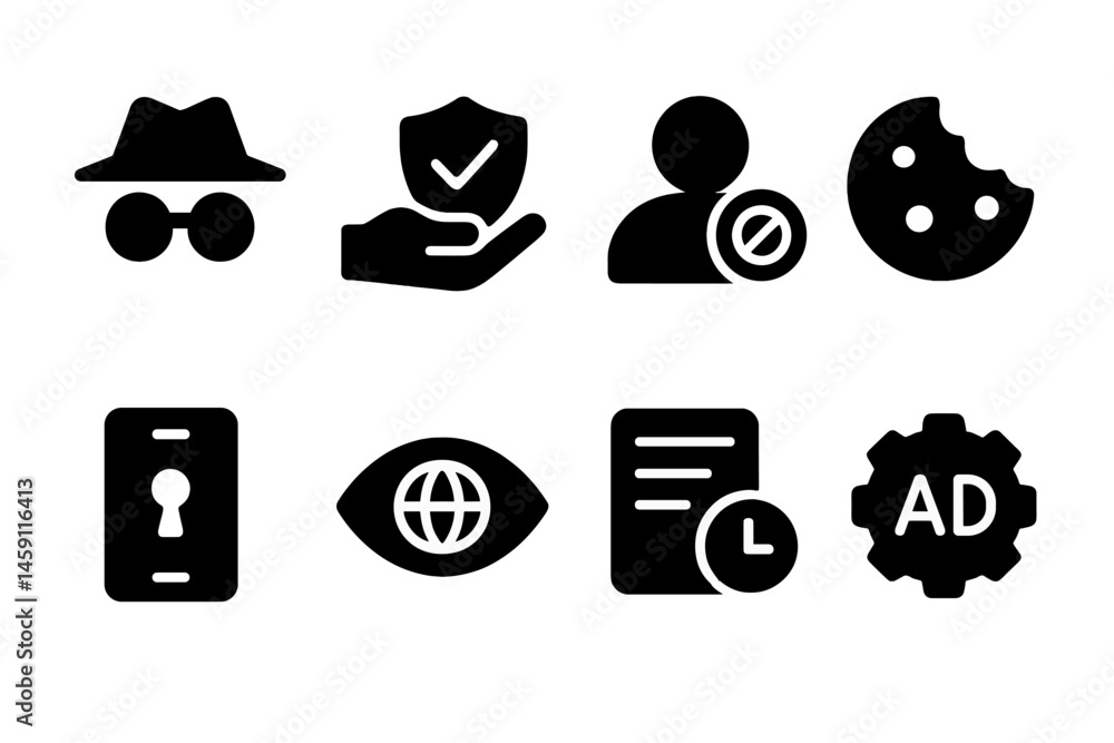 Poster vector illustration icons representing various online privacy and security concepts for digital user