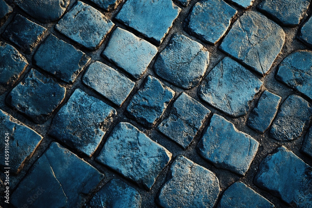 Poster a close-up view of a cobblestone street, showing the texture and pattern of the dark, aged stones.