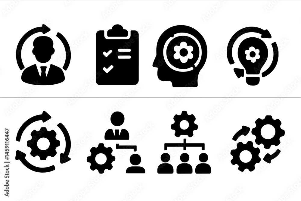 Poster vector illustration showing various icons related to project management and workflow processes in bu