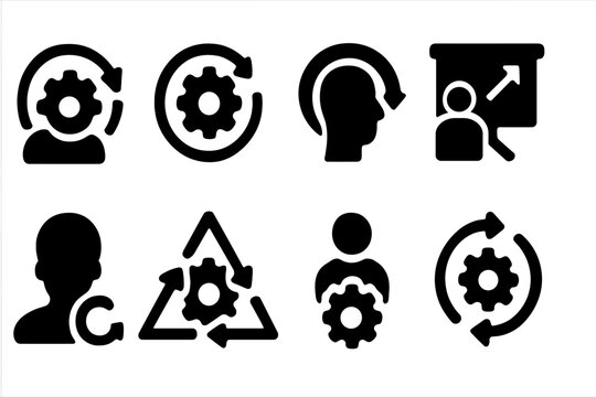 Vector illustration icons depicting processes of learning, development, and collaboration in a modern workspace environment