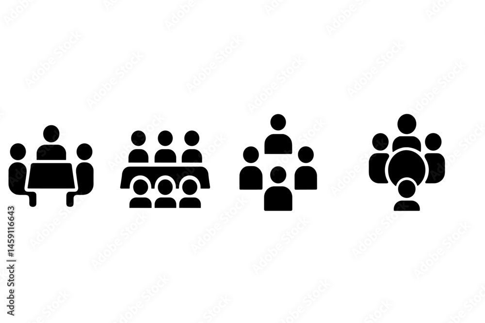 Poster vector illustration icons representing various group dynamics in meeting and collaboration settings 
