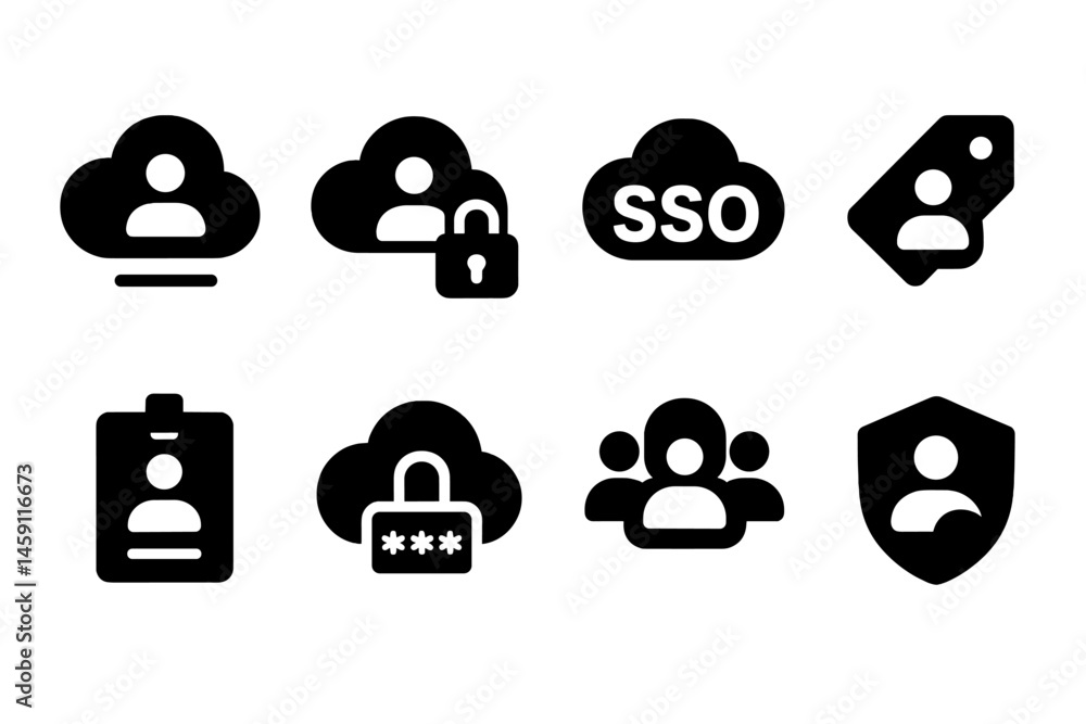 Poster collection of vector illustration icons representing user authentication and cloud security concepts