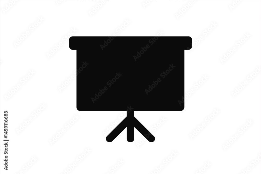 Poster vector illustration depicting a projector screen on a tripod for presentations and meetings in an of