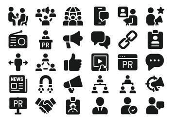 Vector illustration icons representing diverse communication and networking activities for public relations and media engagement