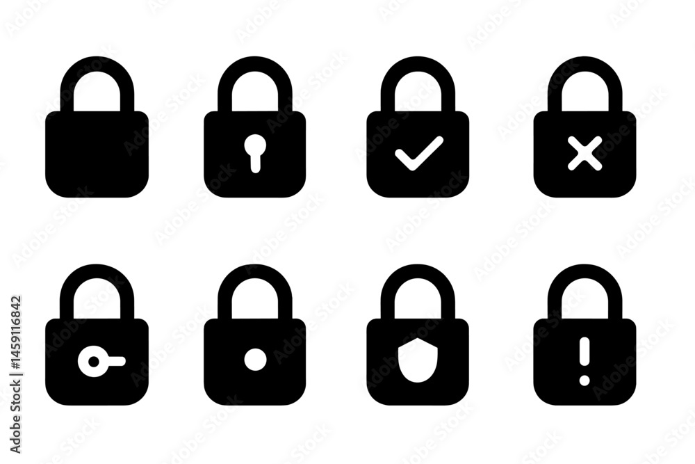 Poster variety of padlock icons representing different security statuses in a vector illustration format