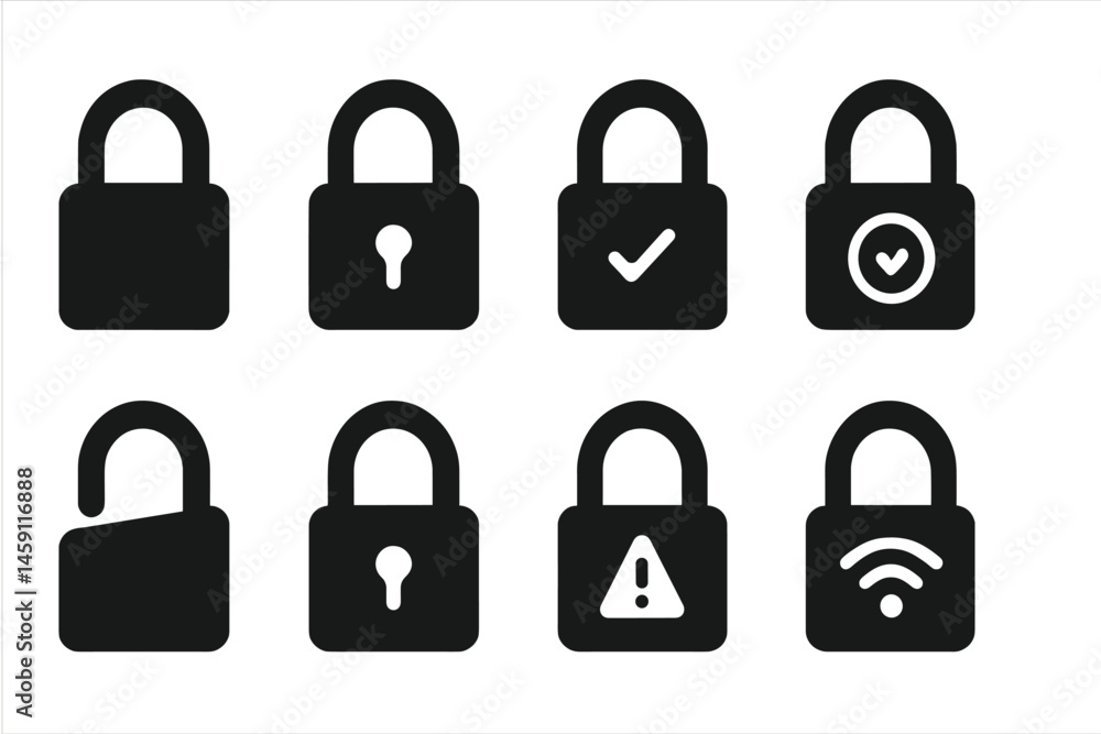 Poster vector illustration of various padlock icons depicting different security statuses and features for 