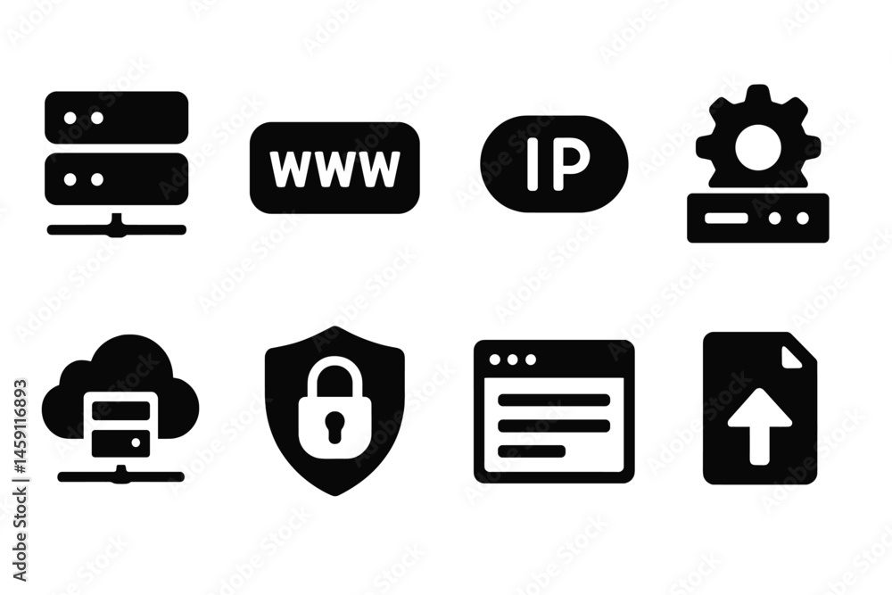 Poster collection of vector illustration icons representing internet and network concepts in a modern desig