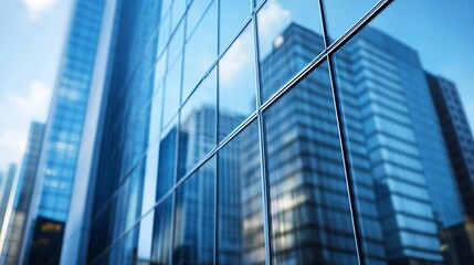 Modern city skyscrapers reflected in a glass building facade, showcasing a stunning blue hue and architectural details under a bright sky. : Generative AI