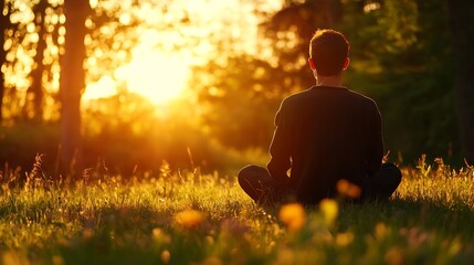 Silhouette of a man meditating in a field at sunset, bathed in warm golden light, peaceful and serene atmosphere. : Generative AI