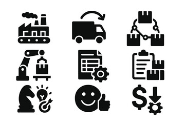 Vector illustration of logistics and manufacturing icons showcasing processes and efficiency in transportation and warehouse management