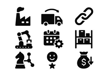 Vector illustration icons representing manufacturing, logistics, and supply chain activities in a modern industrial setting