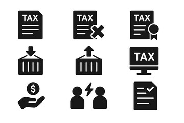 Collection of vector illustration icons representing various aspects of tax documentation, filing, and related activities