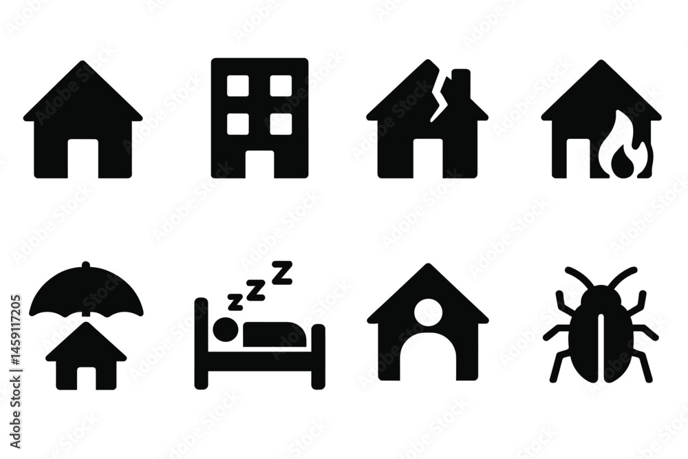 Poster various vector illustration icons depicting different types of houses and related concepts in a clea