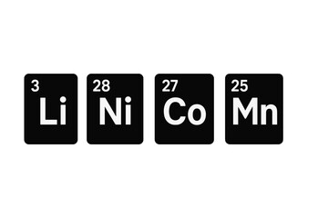 Chemical elements lithium, nickel, cobalt, and manganese represented in vector illustration icons with atomic numbers