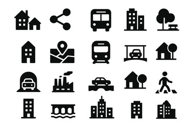 Vector illustration icons representing various urban elements, transportation, and community features for graphic design projects