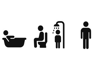 Vector illustration icon depicting essential bathroom activities including bathing, sitting, showering, and standing