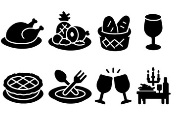 Vector illustration of various food and drink icons representing a festive dining experience
