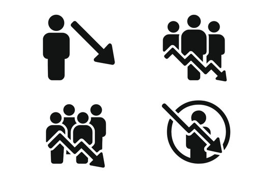Vector illustration icons depicting declining trends in individual and group performance metrics over time