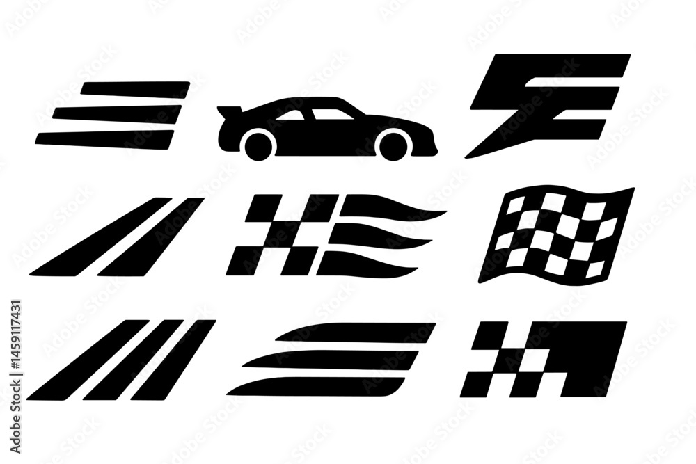 Poster vector illustration icons representing speed, racing elements, and checkered flags in a dynamic desi